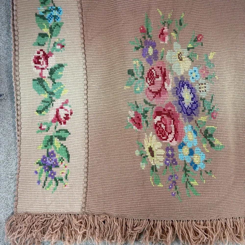 VTG Crochet Needle Point Roses Granny Cottage Core Afghan Blanket Throw *Flaw*
